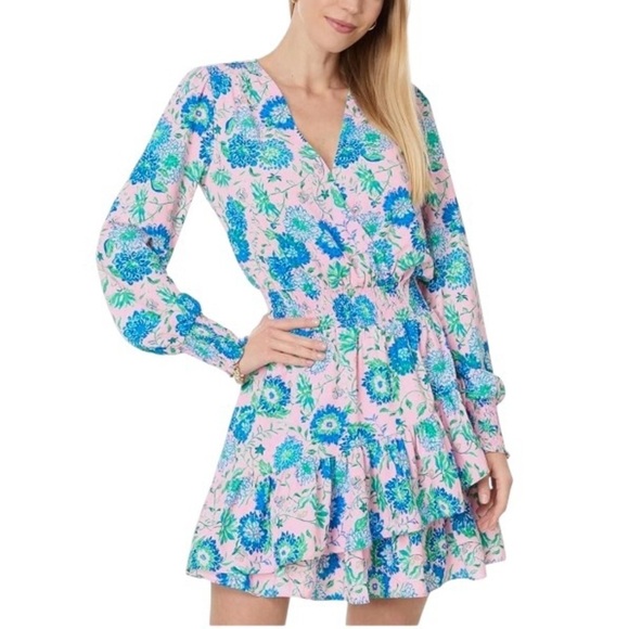 Lilly Pulitzer Cristiana floral long-sleeve dress Conch Shell Pink Rumor Has It - Picture 1 of 16